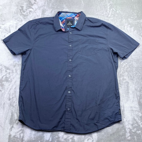 Prana Ecto Chevron Men Button Down Shirt Short Sleeve XX Large Blue Plaid Collar - Picture 1 of 8